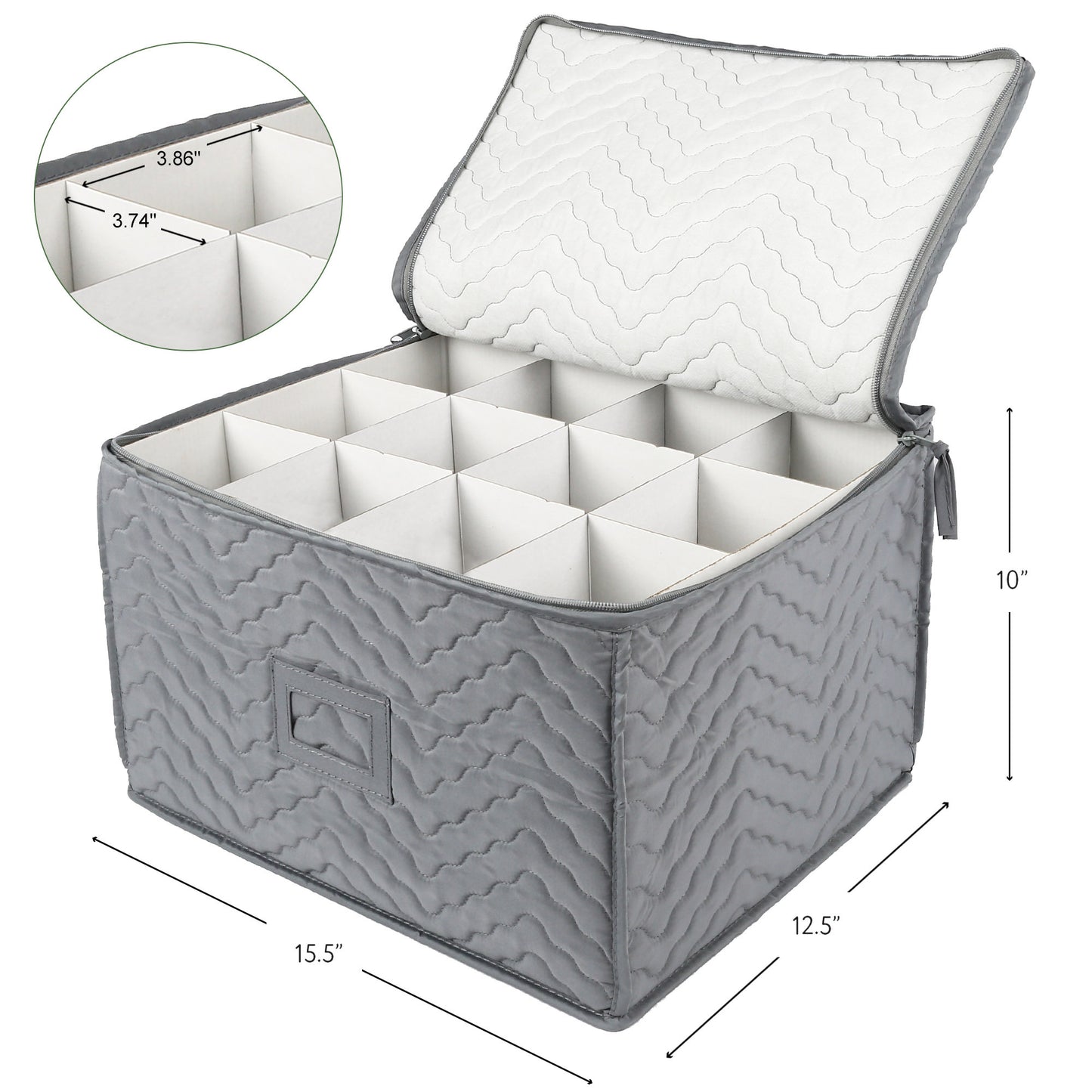 Stemware Storage Container - Deluxe Quilted Storage Case with Dividers for 12 - Wine Glasses, Champagne Flutes, Glassware, Drinkware Storage Box Chest, 15.5"x12.5"x 10", Gray