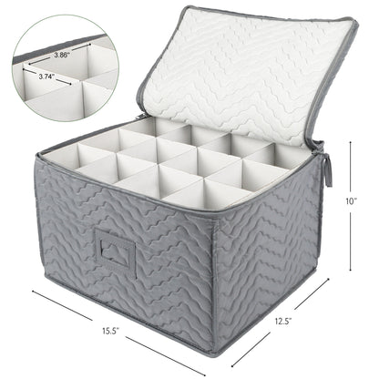Stemware Storage Container - Deluxe Quilted Storage Case with Dividers for 12 - Wine Glasses, Champagne Flutes, Glassware, Drinkware Storage Box Chest, 15.5"x12.5"x 10", Gray