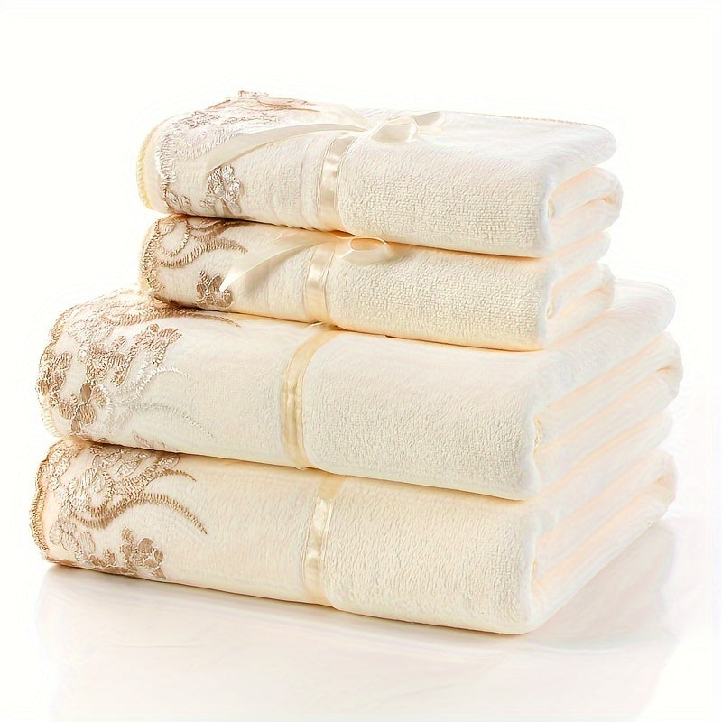 4pcs Soft Lace Embroidery Towel Set - Absorbent Bath for Bathroom - Includes 2 Bath Towels And 2 Hand Towels - Ideal Bathroom Supplies And Additions