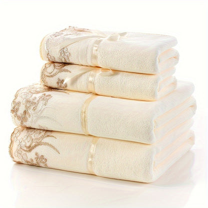 4pcs Soft Lace Embroidery Towel Set - Absorbent Bath for Bathroom - Includes 2 Bath Towels And 2 Hand Towels - Ideal Bathroom Supplies And Additions