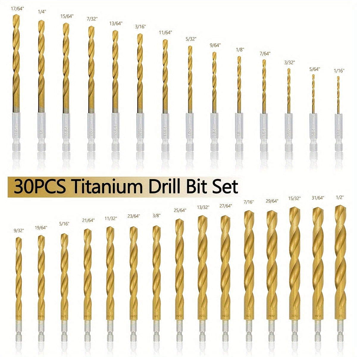 Titanium HSS Drill Bit Set 30PCS Hex Shank Quick Change 1/16 to 1/2 Inch for Metal Wood Plastic Hand Drilling Electric Screwdriver Drill Press Round Shank Twist Bits