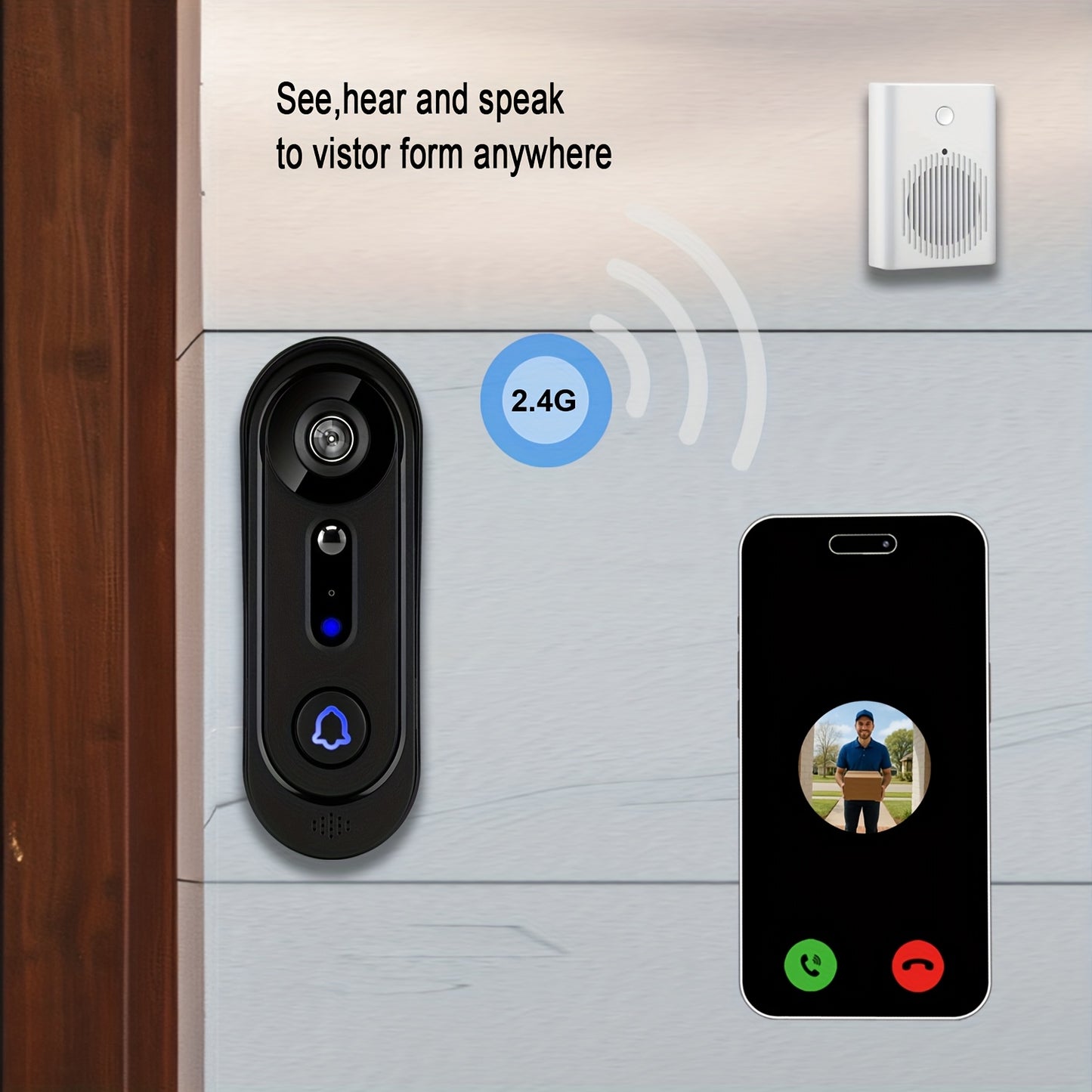 Wireless 1080P Doorbell Camera, Alert, Night Vision, Motion Detection, Indoor Chime, Two-Way Audio, Battery Powered, 2.4Ghz Solely, Cloud Storage