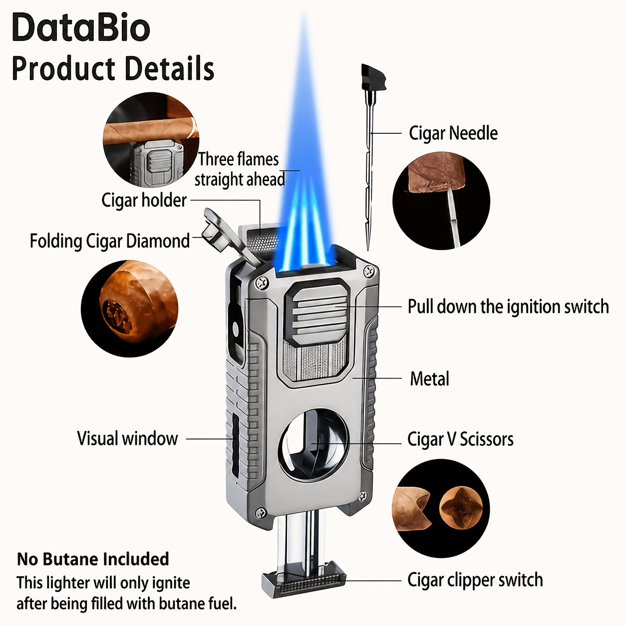 (No Butane)Windproof Tri-jet Flame Butane Lighter, Metal Multifunctional 5-in-1 Lighter, Cigar Portable Lighter, Adjustable Flame, Refillable, with Transparent Visual Gas Chamber, Suitable for Barbecue, Candles, Outdoor, Camping, Christmas Gift