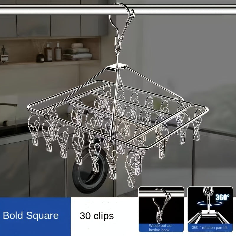 1pc/2pcs, 30-clip Stainless Steel Cooling Hanger, Windproof, Skidproof Hanging Laundry Rack, Suitable for Socks and Underwear, Space Saving Multi-functional Drying Rack, Suitable for Home, Bedroom and Balcony Use., Drying Racks