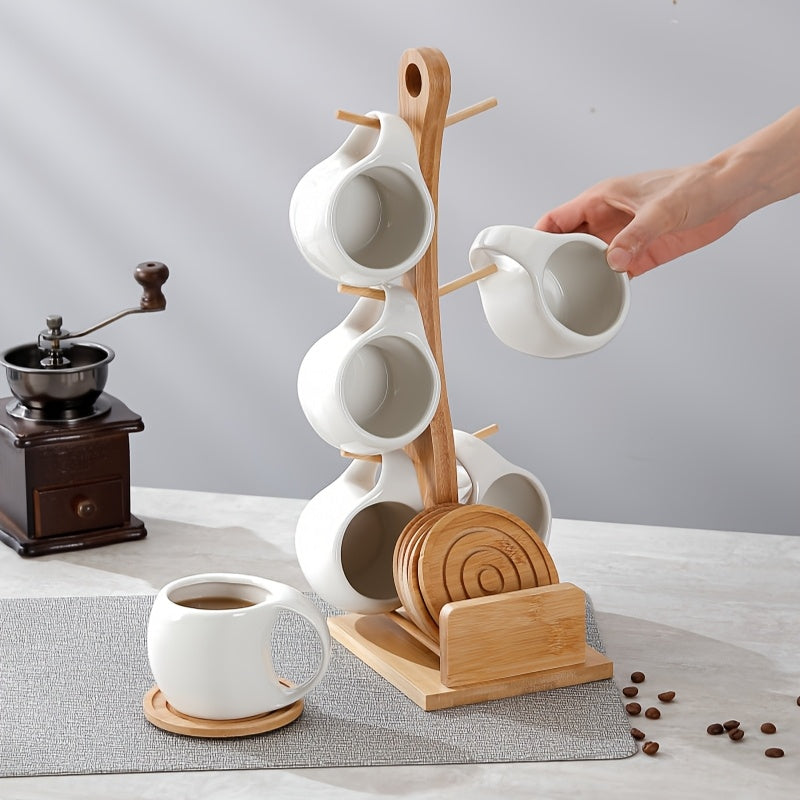 6pcs Ceramic Coffee Cup Set with Wooden Coasters and Cup Holder, Suitable for Lattes, Cappuccinos, Espresso Mugs, and Teacups - a Perfect Choice for Home, Office, or Café Use, Ideal as a Holiday Gift or Birthday Present, 200ml/6.8oz