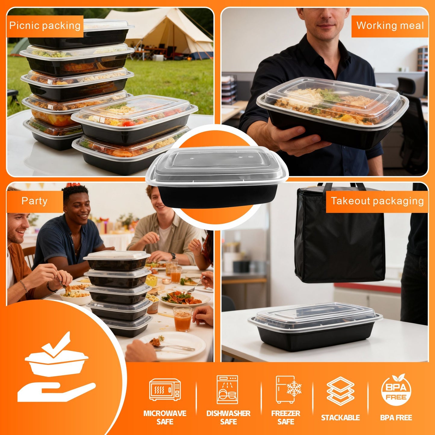 Meal Prep Containers with Lids 50 Pack BPA Free – 32oz & 38oz Stackable Disposable Plastic Food Storage Containers, Microwave Dishwasher Freezer Safe | Restaurant, Catering, Home Kitchen & Lunch Boxes