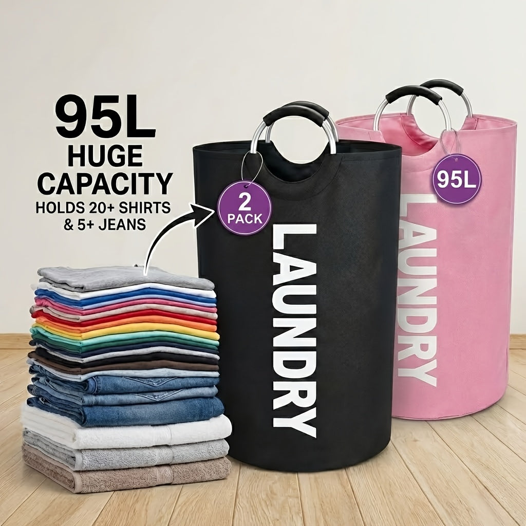 2pcs 95L/25.1 Gallon Extra-Large Foldable Laundry Basket Set | Thickened Waterproof Oxford Cloth Tall Freestanding Storage Baskets, Perfect for Bedroom/Bathroom/Dorm/Wardrobe Organization, Ideal Home Decor & Holiday Gift, Shelf Baskets