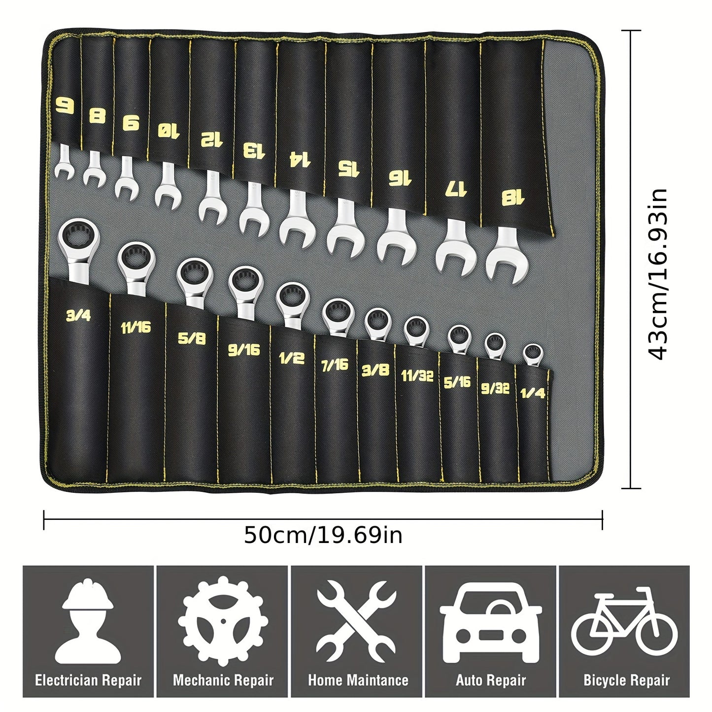 Ratcheting Wrench Set 22pcs, SAE 1/4-3/4 Inch & 6-18 Mm, Standard Combination Ratchet Wrenches Set For Car Repair And Household Equipment Repair, Chrome Vanadium Steel, Portable Handbag