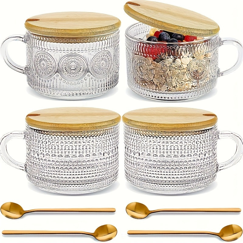 Set of 4 Vintage Coffee Cups, 450Ml/15.2Oz, with Bamboo Lids And Spoons for Overnight Oats - Embossed Glass Cups, Charming Coffee Bar Additions, Iced Coffee Cups, Perfect for Cappuccinos And Lattes