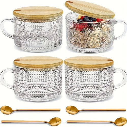 Set of 4 Vintage Coffee Cups, 450Ml/15.2Oz, with Bamboo Lids And Spoons for Overnight Oats - Embossed Glass Cups, Charming Coffee Bar Additions, Iced Coffee Cups, Perfect for Cappuccinos And Lattes