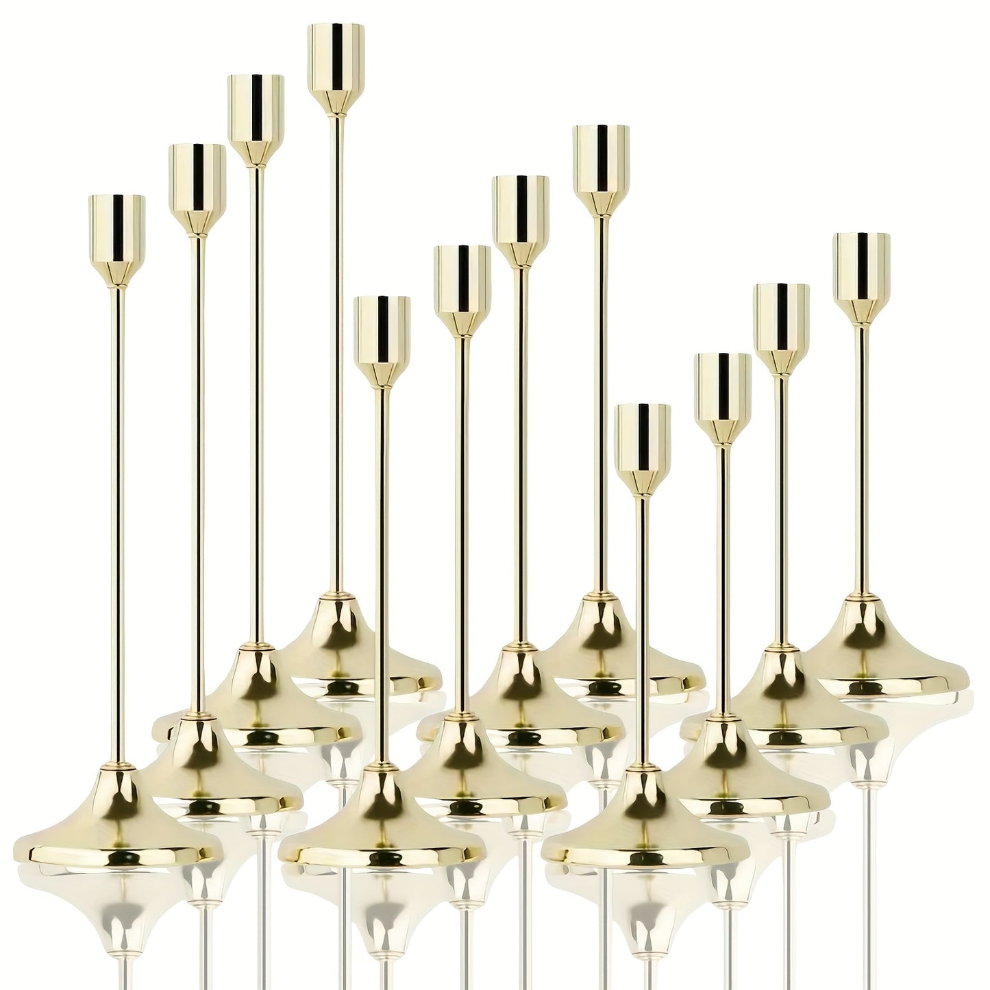 12pcs Elegant Metal Candle Holders - Modern Tapered Design with Polished Golden Finish, Versatile Tabletop Decor for Christmas, Halloween, Weddings, Anniversaries, Home & Hotel Centerpieces (Candles Not Included), Festive Decoration, Sleek Style, Durable