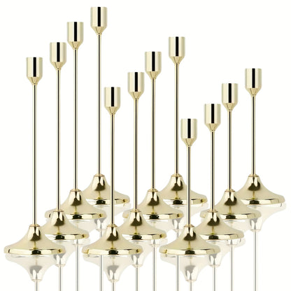 12pcs Elegant Metal Candle Holders - Modern Tapered Design with Polished Golden Finish, Versatile Tabletop Decor for Christmas, Halloween, Weddings, Anniversaries, Home & Hotel Centerpieces (Candles Not Included), Festive Decoration, Sleek Style, Durable