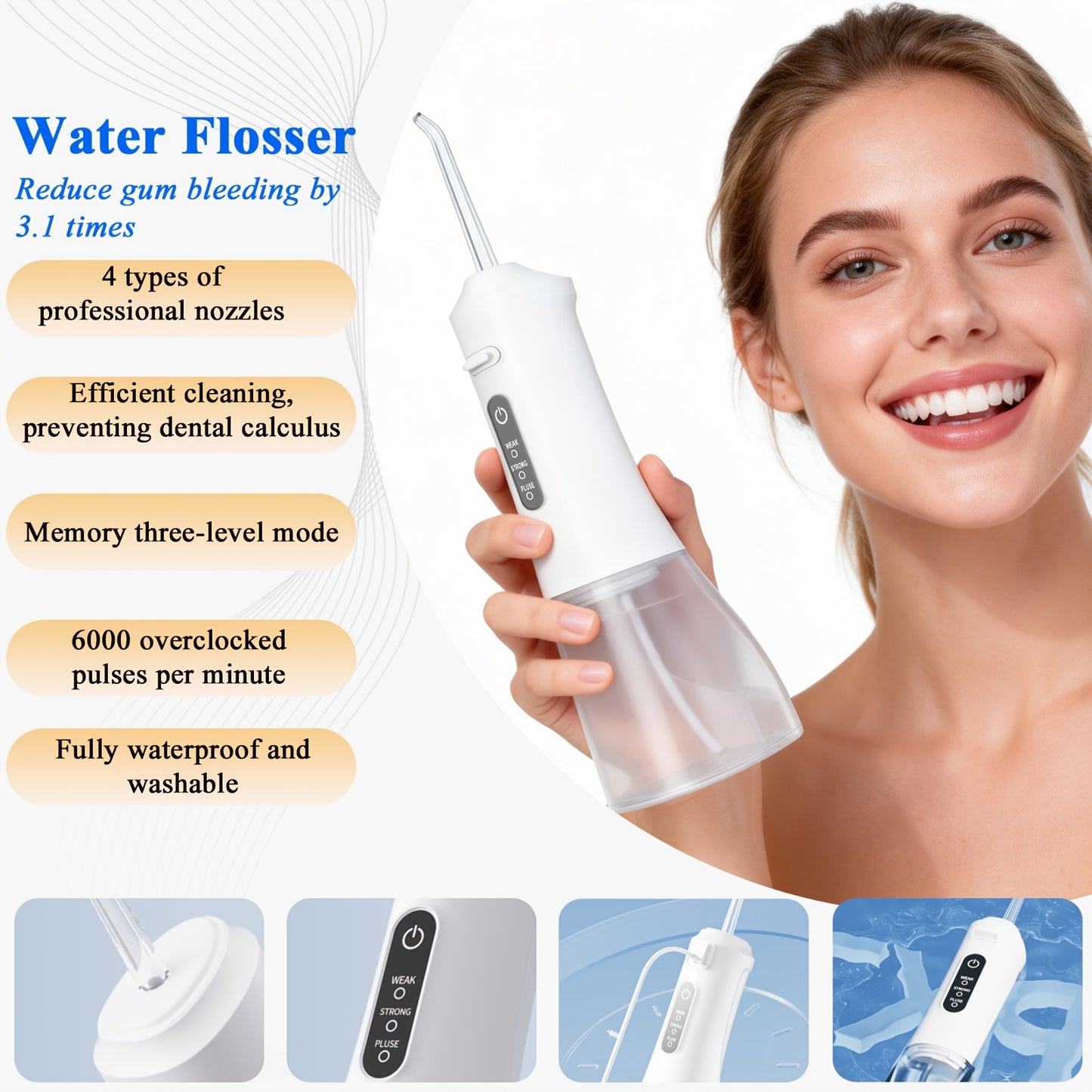 Water Flosser Cordless Oral Irrigator - Rechargeable Electric Dental Cleaner with 6 Nozzles, Precise Pressure Control, Plaque & Tartar Removal, USB Powered, Portable for Home & Travel