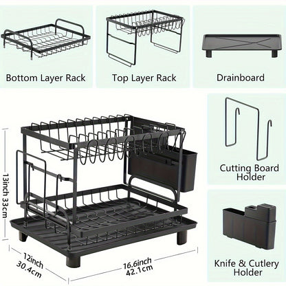 2 Tier Dish Drying Rack for Kitchen Counter, Dish Drainers for Kitchen Counter with Drainboard, Metal Kitchen Dish Rack with Drain, Kitchen Drying Rack Two Tier, Black Dish Racks