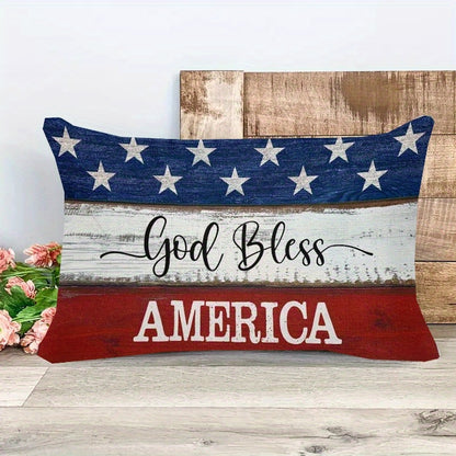 4th of July Throw Pillow Cover 12x20 Inch, God Bless America Patriotic Red White Blue Linen Cushion Case Star Pattern Distressed Wood, Boho Home Decor for Independence Day Memorial Day