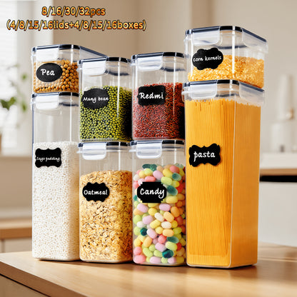 (4/8/15/16lids+4/8/15/16boxes) Plastic Food Airtight Box with Lids, Food Storage Containers, BPA Free, LeakProof, Stackable, for Kitchen, Grain, Nuts, Cereal, Pasta, Organizers And Storage, for Dog Food, Cat Food, with Labels And A Marker, Gifts
