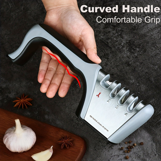 4-in-1 Knife Sharpener 4 Stages Original Quality Polishing Blade the Best Kitchen Tool for Paring Knives Steel Knives and Scissors No Electricity Connection Required for Use Hand out gloves