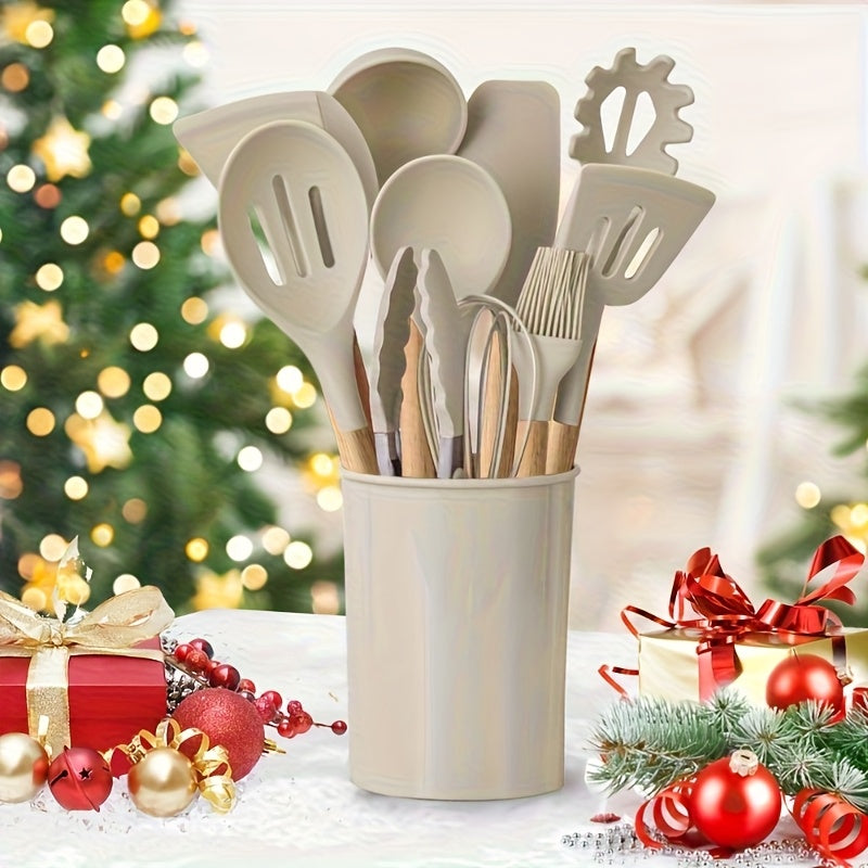 13pcs, Non-Stick Silicone Kitchen Utensil Set with Wooden Handles-Safe And Easy to Clean-Perfect for Cooking And Baking-Ideal for Back to School And Dorm Essentials