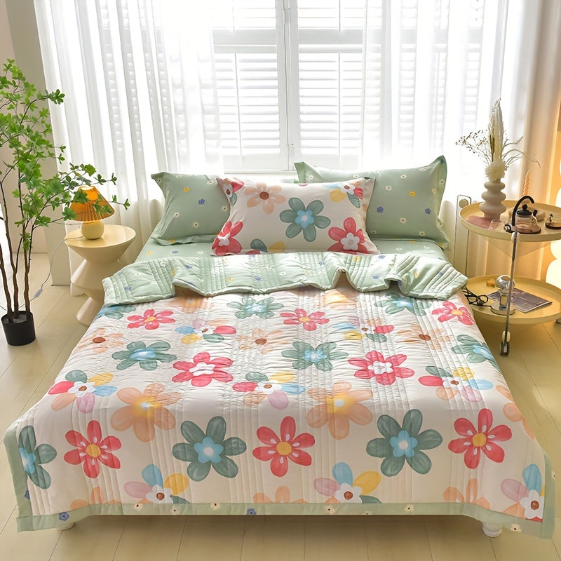 3pcs Skin-friendly Summer Cooling Quilt Set, Floral Printed Style Embossed Craft, Soft And Comfortable Quilt for All Seasons, Special for Single Double Hotel Home Bedroom Guest Room Sofa (1pc Thin Quilt + 2pcs Pillowcase Without Core)