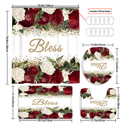4pcs Complete Bathroom Set with Rose Blessing Printed Pattern, Elegant Modern Design for Home Decor, Shower Curtain, Complete 4pcs Toilet Lid Cover Set, Easy to Install, with 12 Durable Hooks - The Perfect Gift for Friends and Family