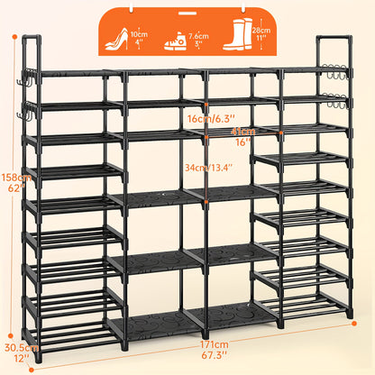 Large Capacity Metal Shoe Rack, Black Shoe Rack Organizer, Boots Storage Rack, 4 Rows 6 Tier & 4 Rows 9 Tier Shoes Rack | Heavy Duty Storage Shelf |Holds 45-72 Pairs Of Shoes|Stable And Durable, Easy to Assemble for Living Room, Bedroom, Dormitory