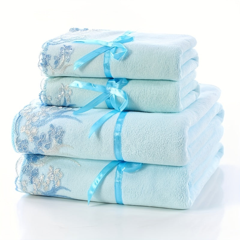 4pcs Soft Lace Embroidery Towel Set - Absorbent Bath for Bathroom - Includes 2 Bath Towels And 2 Hand Towels - Ideal Bathroom Supplies And Additions