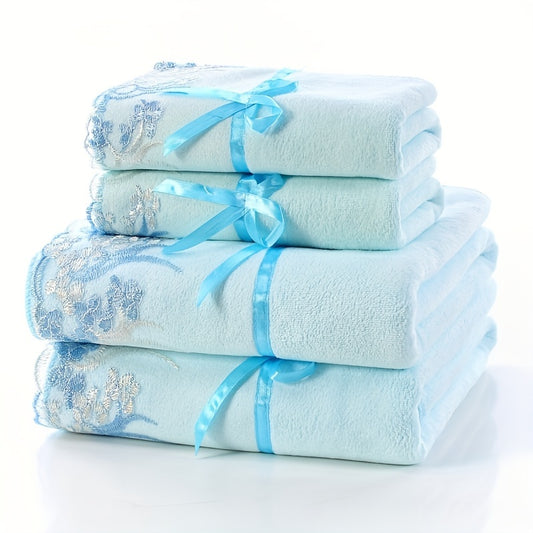 4pcs Soft Lace Embroidery Towel Set - Absorbent Bath for Bathroom - Includes 2 Bath Towels And 2 Hand Towels - Ideal Bathroom Supplies And Additions