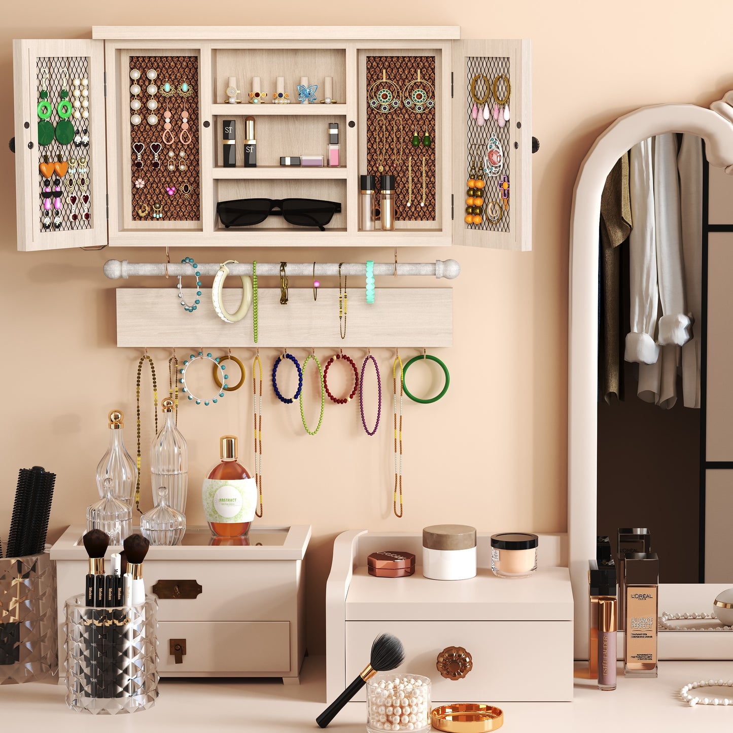 1pc Wood Wall-Mounted Jewelry Organizer with Removable Bracelet Rod & Hooks - Powder-Coated Suitable for Necklaces,, Bracelets Holder, Space-Saving Hanging Shelf for Rings, Powder-Coated for Decor,, Dressing Room, Hanging Jewelry Organizers
