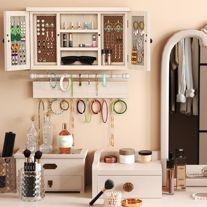 1pc Wood Wall-Mounted Jewelry Organizer with Removable Bracelet Rod & Hooks - Powder-Coated Suitable for Necklaces,, Bracelets Holder, Space-Saving Hanging Shelf for Rings, Powder-Coated for Decor,, Dressing Room, Hanging Jewelry Organizers