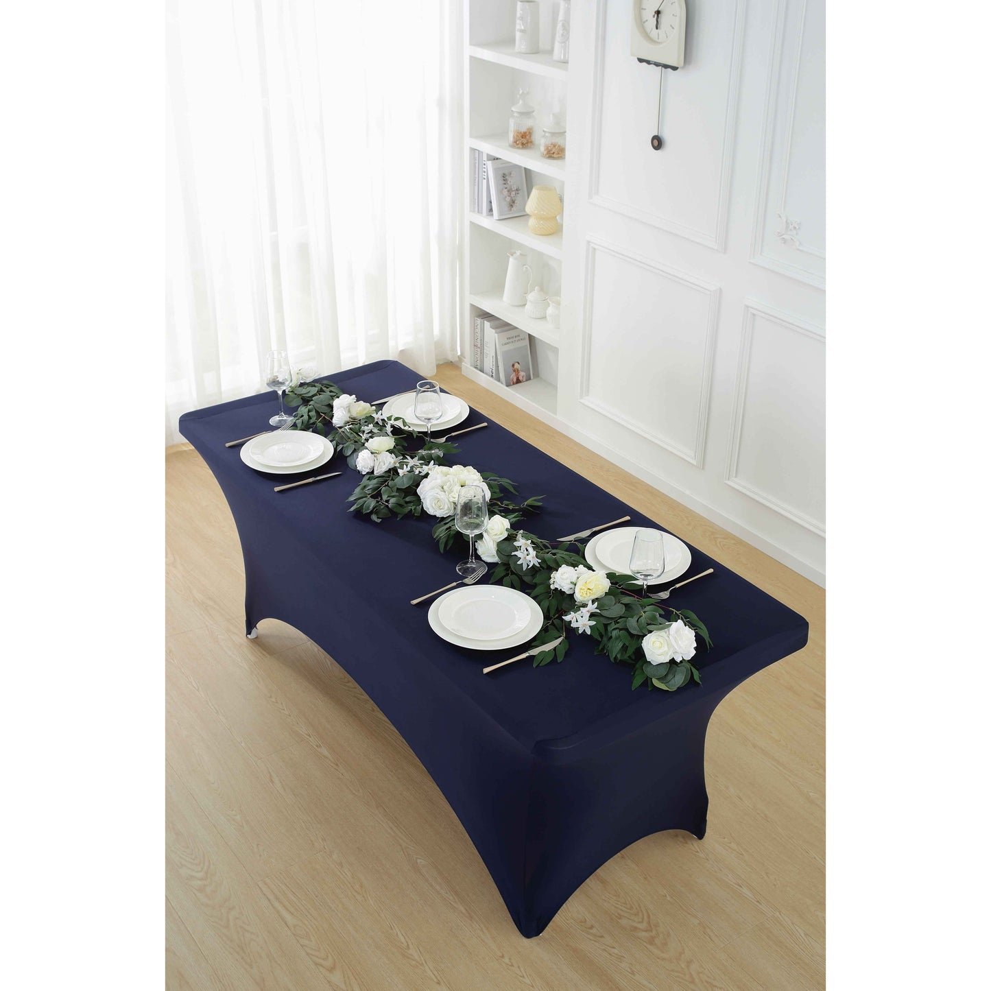 2pc 4ft/6ft/8ft Spandex Tablecloth, Fitted tablecloth, Wrinkle Resistant Stretchable Rectangle Table Cover For Event, Wedding & Parties