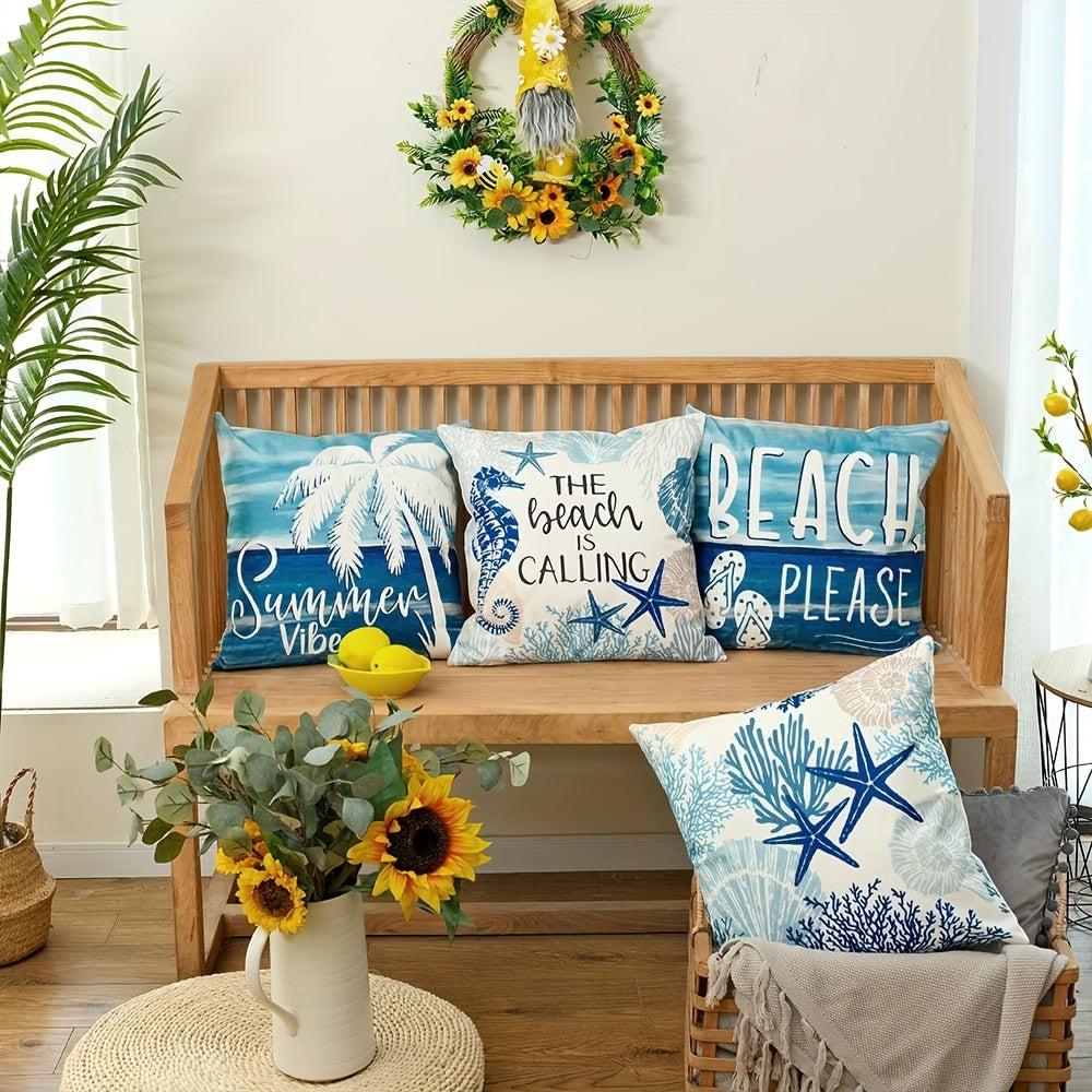 4pcs Set, Summer Ocean Beach Style Pillowcase, 18 Inches, Marine Life Shells Starfish Seahorse Turtle Coastal Outdoor Decorative Pillowcase