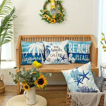 4pcs Set, Summer Ocean Beach Style Pillowcase, 18 Inches, Marine Life Shells Starfish Seahorse Turtle Coastal Outdoor Decorative Pillowcase