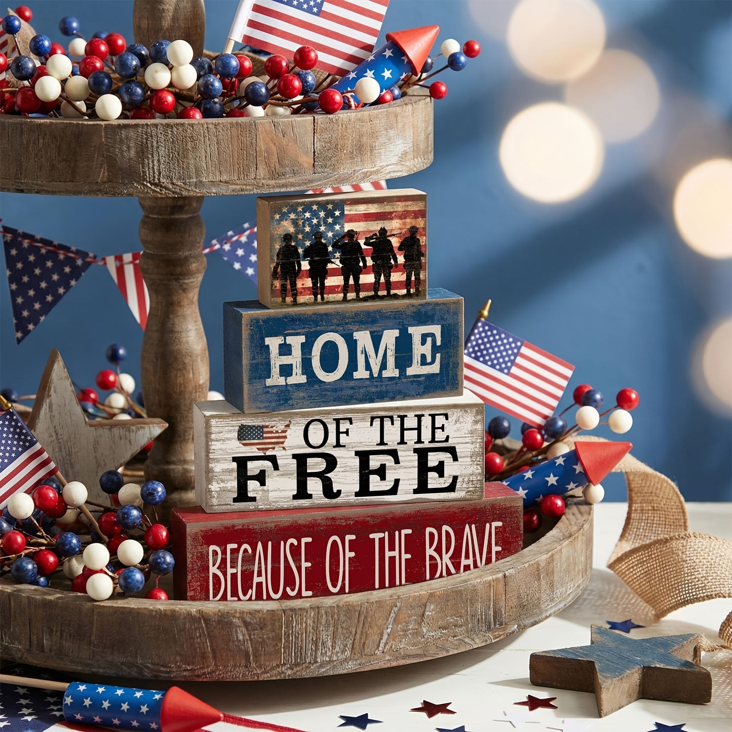 4th of July Tiered Tray Decor – Patriotic Wooden Table Centerpiece with American Flag Signs for Independence Day, Memorial Day & Rustic Farmhouse Home Decor