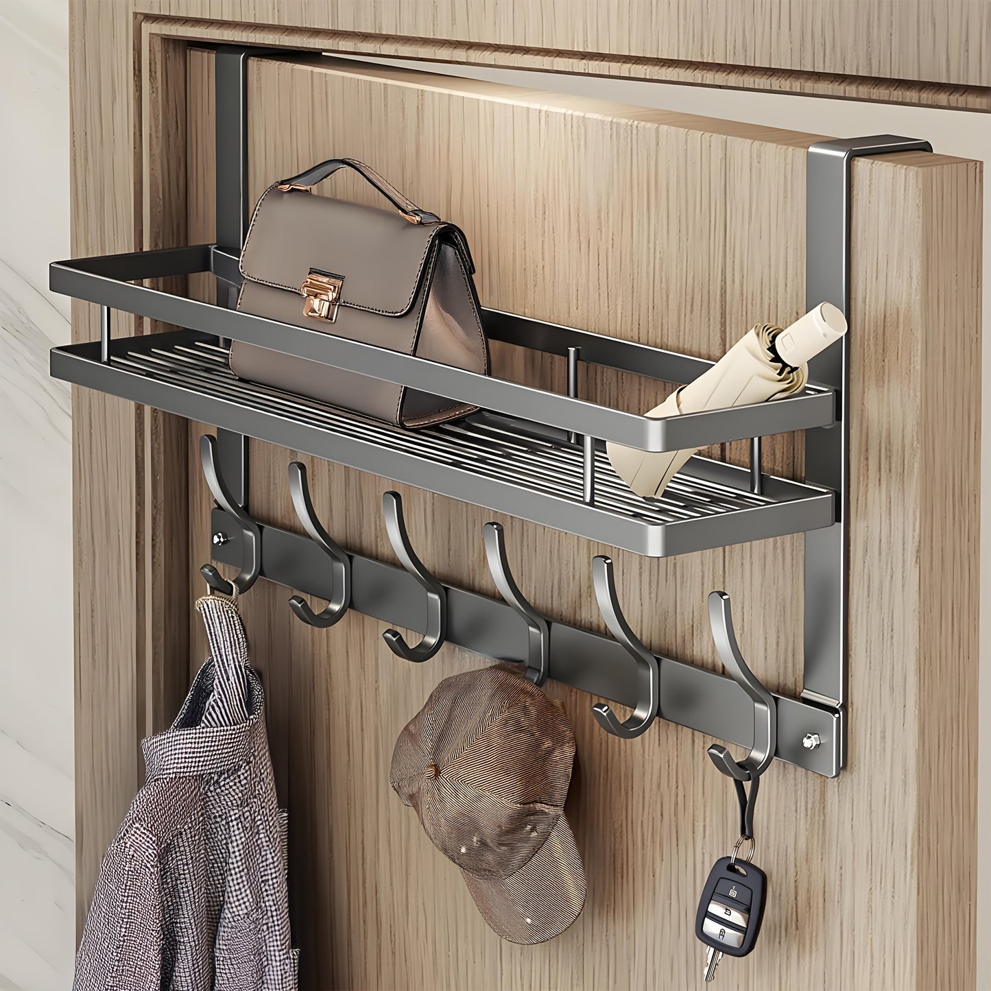 1pc Door Storage Rack with Hooks - Easy Install.Metal Construction.Multifunctional Metal Hook, Durable And Space-Saving for Bedroom, Bathroom, Or Entryway - Perfect for Clothes, Bags, Keys, And More.
