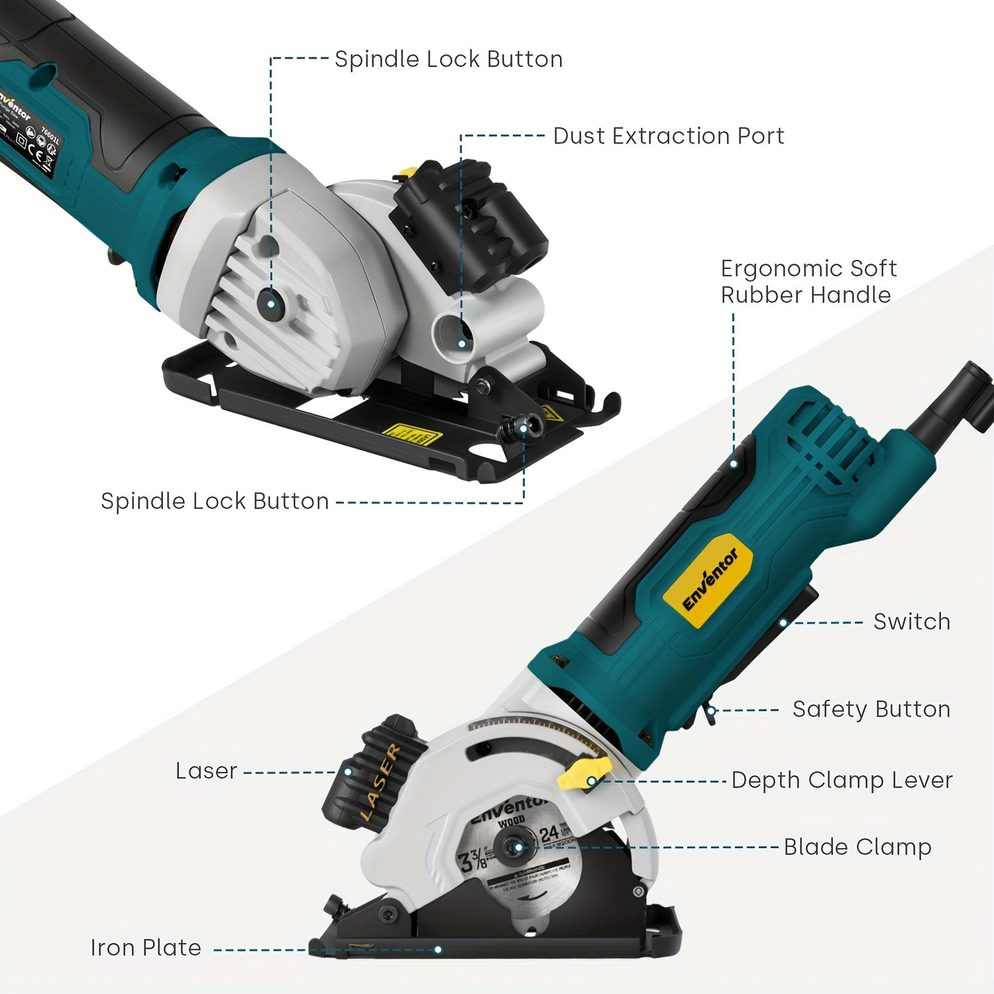 ENVENTOR Mini Circular Saw, 4.8A Electric Circular Saw Corded with Laser Guide, 4000RPM, 3 Saw Blades 3-3/8" Max Cutting Depth 1-1/16", Compact Hand Saw for Wood, Soft Metal, Tile, Plastic Cuts