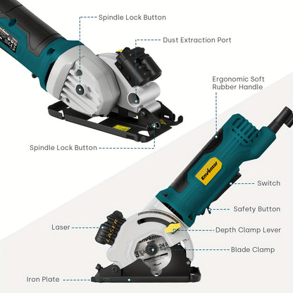 ENVENTOR Mini Circular Saw, 4.8A Electric Circular Saw Corded with Laser Guide, 4000RPM, 3 Saw Blades 3-3/8" Max Cutting Depth 1-1/16", Compact Hand Saw for Wood, Soft Metal, Tile, Plastic Cuts