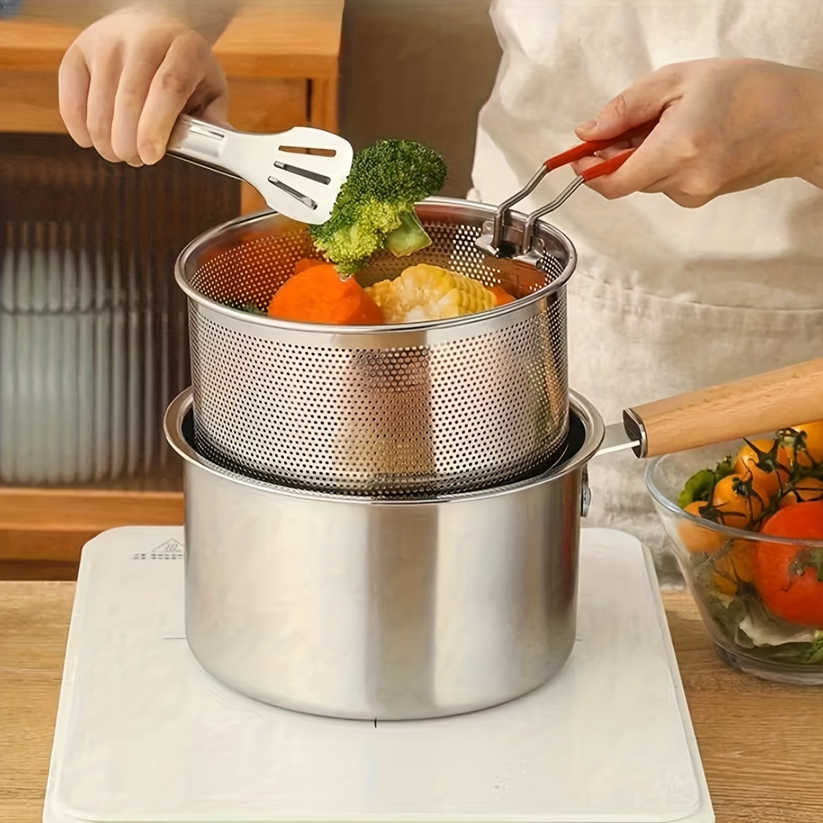 Deep Fryer Set 4 Piece Stainless Steel Multi-Purpose Cookware with Non-Stick Pot, Frying Rack, Glass Lid & Tongs - Stovetop Deep Fryer for Noodles, Frying & Boiling, Kitchen Essential Cooking Set