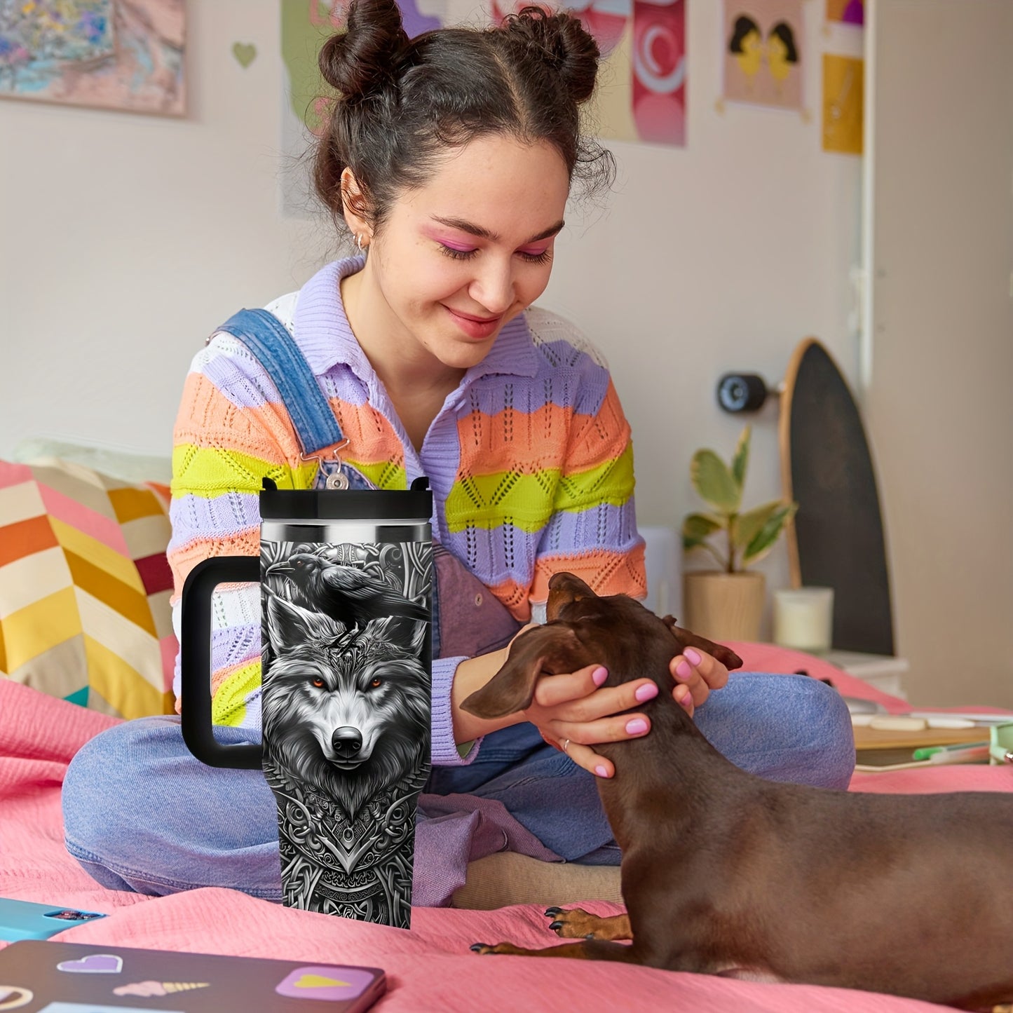 1pc 40oz Viking Wolf Raven 40oz Tumbler with Handle, Norse Mythology Celtic Knot Stainless Steel Insulated Travel Mug, Gifts for Viking Lovers
