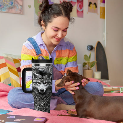 1pc 40oz Viking Wolf Raven 40oz Tumbler with Handle, Norse Mythology Celtic Knot Stainless Steel Insulated Travel Mug, Gifts for Viking Lovers