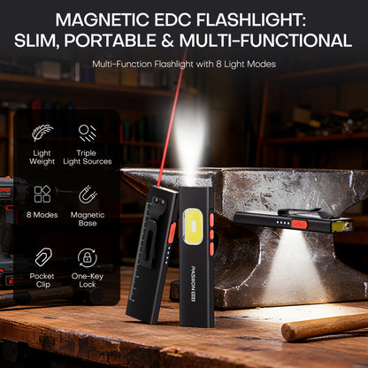 Multi-Function EDC Flashlight 11 Lighting Modes | UV Infrared Red Laser COB Work Light Magnetic Tail | Rechargeable Power Indicator Flat Pocket Emergency Flashlight