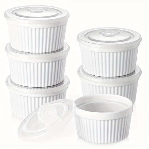 6pcs, Souffle Baking Bowls with Lids, Baking Bowls for Baking, 8oz Creme Brulee Baking Bowls, Porcelain Souffle Baking Bowls, Custard Cups for Baking, Small Bowls for Pudding, Dip Sauces, Charcuterie And Desserts. Bakeware. Kitchenware, White