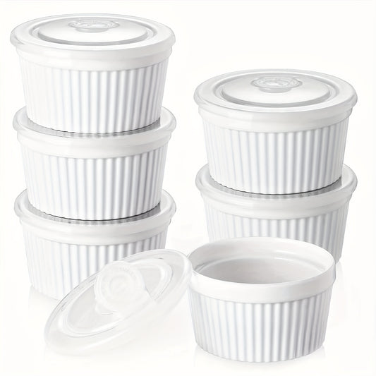 Souffle Dishes Set of 6 Porcelain Ramekins with Lids 8oz Creme Brulee Cups Custard Cups for Baking Pudding Dip Sauce Dessert White Ceramic Bakeware