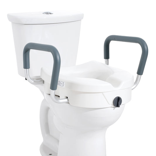 Raised Toilet Seat with Arms for Seniors & Elderly - 5 Inch Elevated Toilet Seat, 350 lbs Capacity, Twist Lock, Adjustable Armrests with Padding, Fits Round & Elongated Toilets