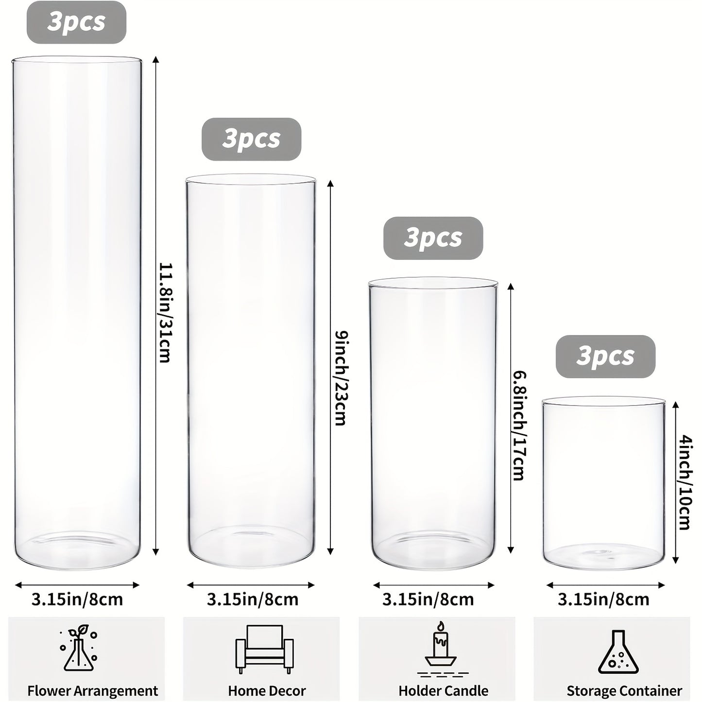 Clear Cylinder Glass Vases Set Wedding Centerpieces Home Decor