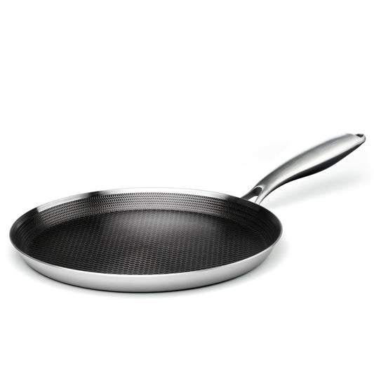 Stainless Steel Crepe Pan 11 Inch Dual Honeycomb Non-Stick PFOA-Free with Lid – Triply Steel Pancake Griddle for Tortillas | Induction Gas Electric Ceramic Compatible Home Camping BBQ Cookware