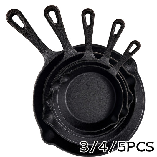 Cast Iron Skillet Set Uncoated Frying Pan with Drip Spout Heavy Duty Pre-Seasoned Cookware for Frying Stir-Frying Baking Stovetop Oven Safe 3 4 5 Piece