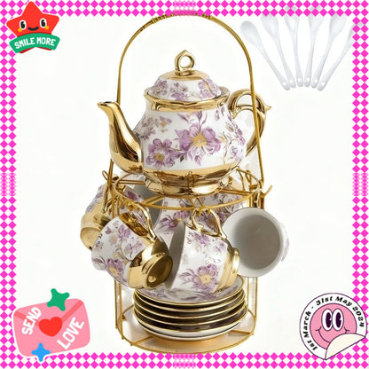 A Set of High-End Italian Teapot And Teacup, Including Multiple Floral Ceramic Tea Utensils And Plates, a European-Style Afternoon Tea Set with a Metal Base, Featuring Blooming Patterned Cup Bodies, Complete Tea Set Additions