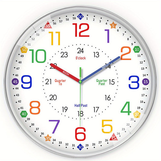 Modern Educational Wall Clock for Students, 8-12 Inch Colorful Plastic Teaching Clock. A Silent, Non-Ticking Timekeeping Tool Designed Specifically for Learning, Featuring A Color-Coded Time Display-An Ideal Choice for Both Classrooms And Homes.