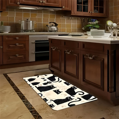 1pc Non-Slip Washable Flannel Floor Mat Suitable for Dining Room, Entryway with Backing & Soft - Hand Washable Suitable for Home Decor, Kitchen, for Floors, Playful Black and White Cat Pattern