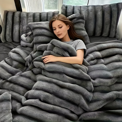 A Faux Rabbit Fleece Blanket, Double Layer Thickened, All Season, King/Queen Size, Winter Blankets Soft Warm, Throw For Adults Reversible Machine Washable Blanket, For Home, Car, Office, Travel, Couch Cover, Christmas, Halloween Gift, Birthday Gift